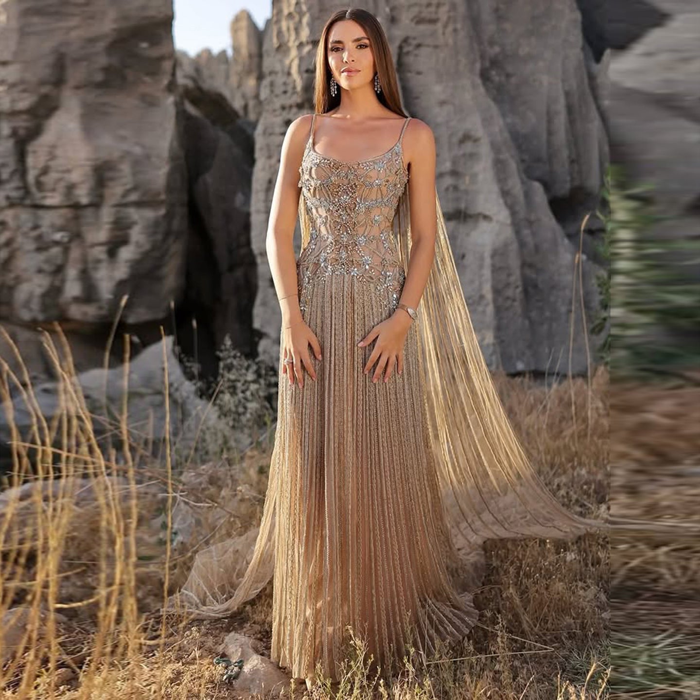 Luxury Champagne Crystal Beaded Sheer Cape Sleeve Evening Dress SS538