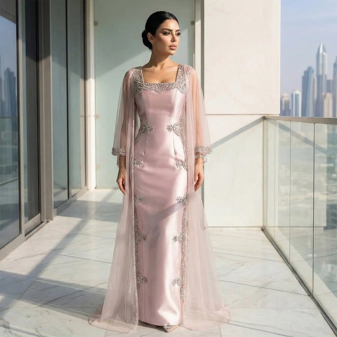 Luxury Pink Beaded Crystal Cape Satin Fitted Evening Dress SS326