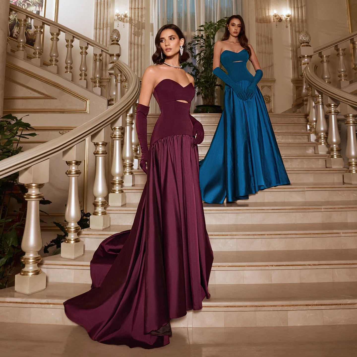 Elegant Strapless Ink Blue Side-Slit Evening Dress with Gloves SF174