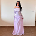 Luxury Lilac Satin Long Sleeve Evening Dress with Scarf and Bow Knot SF393
