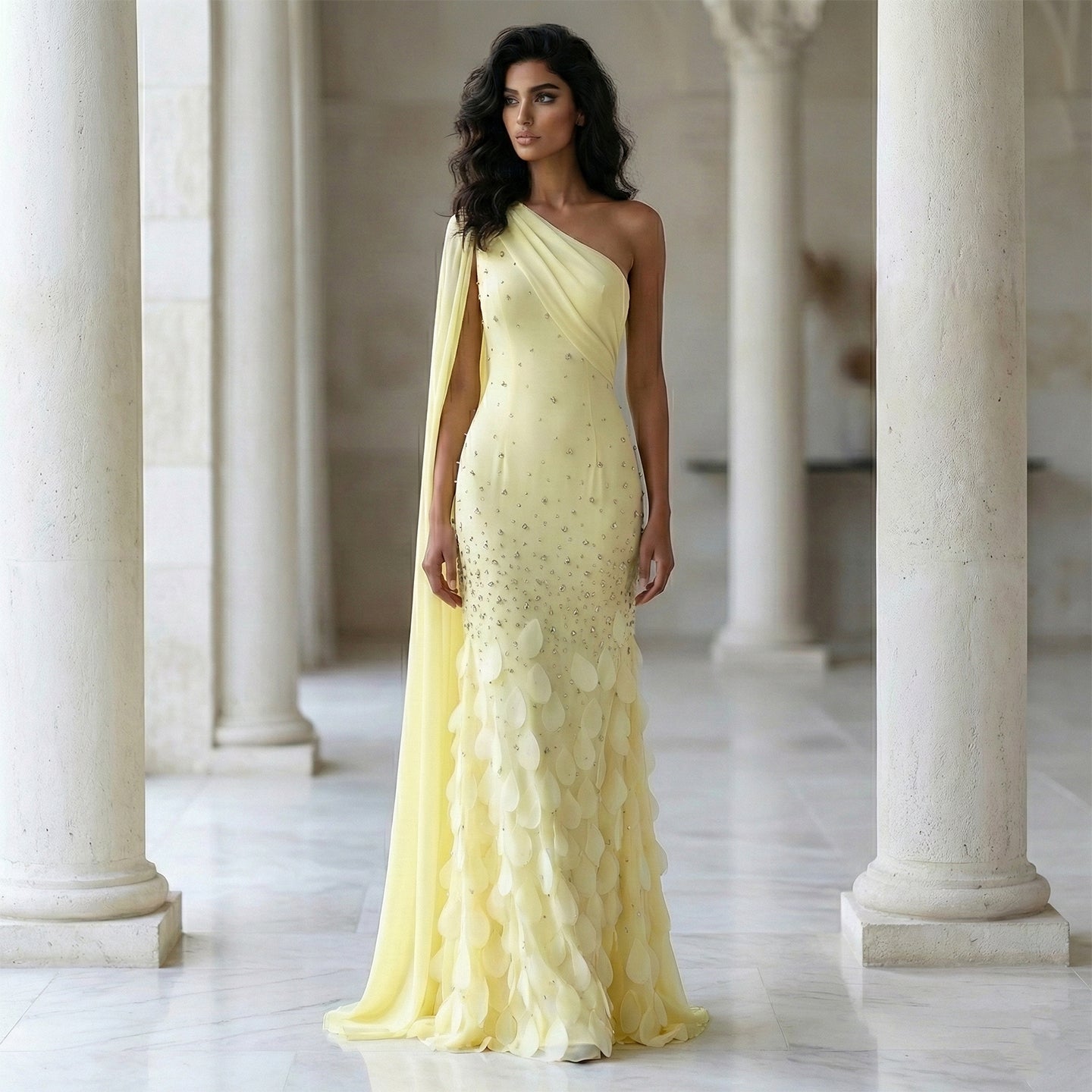 Luxury 3D Floral Crystal Yellow Fitted Evening Dress XD034