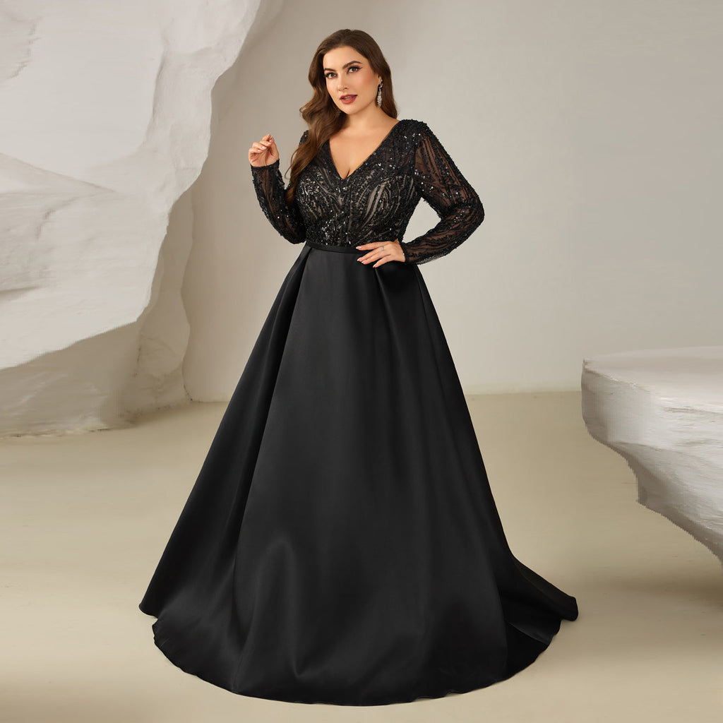 Luxury Black Sequin Long-Sleeve Ball Gown Evening Dress SF609