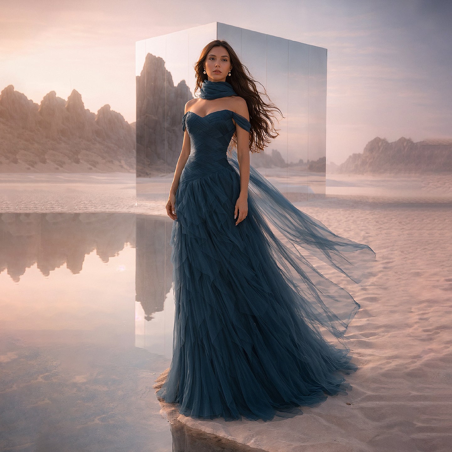 Bohemian Navy Blue Off-the-Shoulder Ruffled Tulle Evening Dress with Scarf SF215