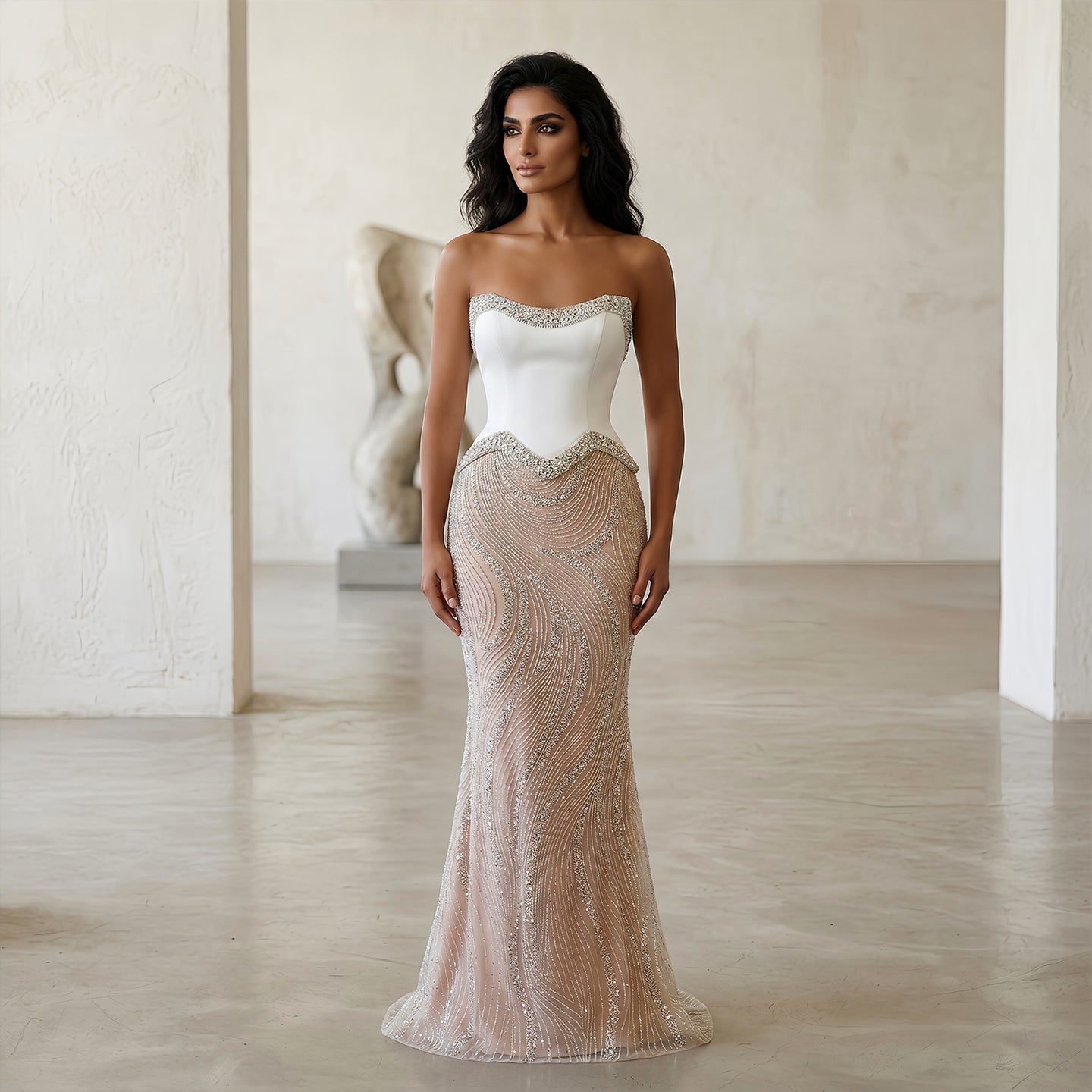 Chic White Crystal Beaded Wave Pattern Mermaid Evening Dress SS790