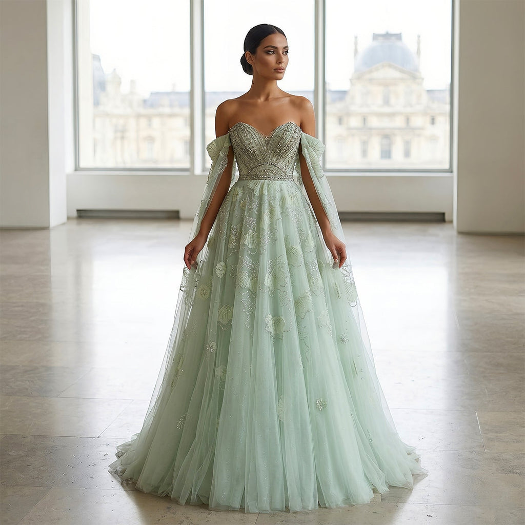 Elegant Sage Green Floral Beaded Off-the-Shoulder Tulle Evening Dress SS754
