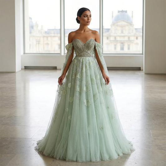 Elegant Sage Green Floral Beaded Off-the-Shoulder Tulle Evening Dress SS754