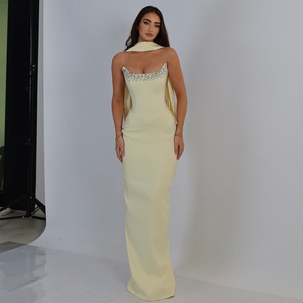 Elegant Light Yellow Beaded Evening Dress with Scarf SF276