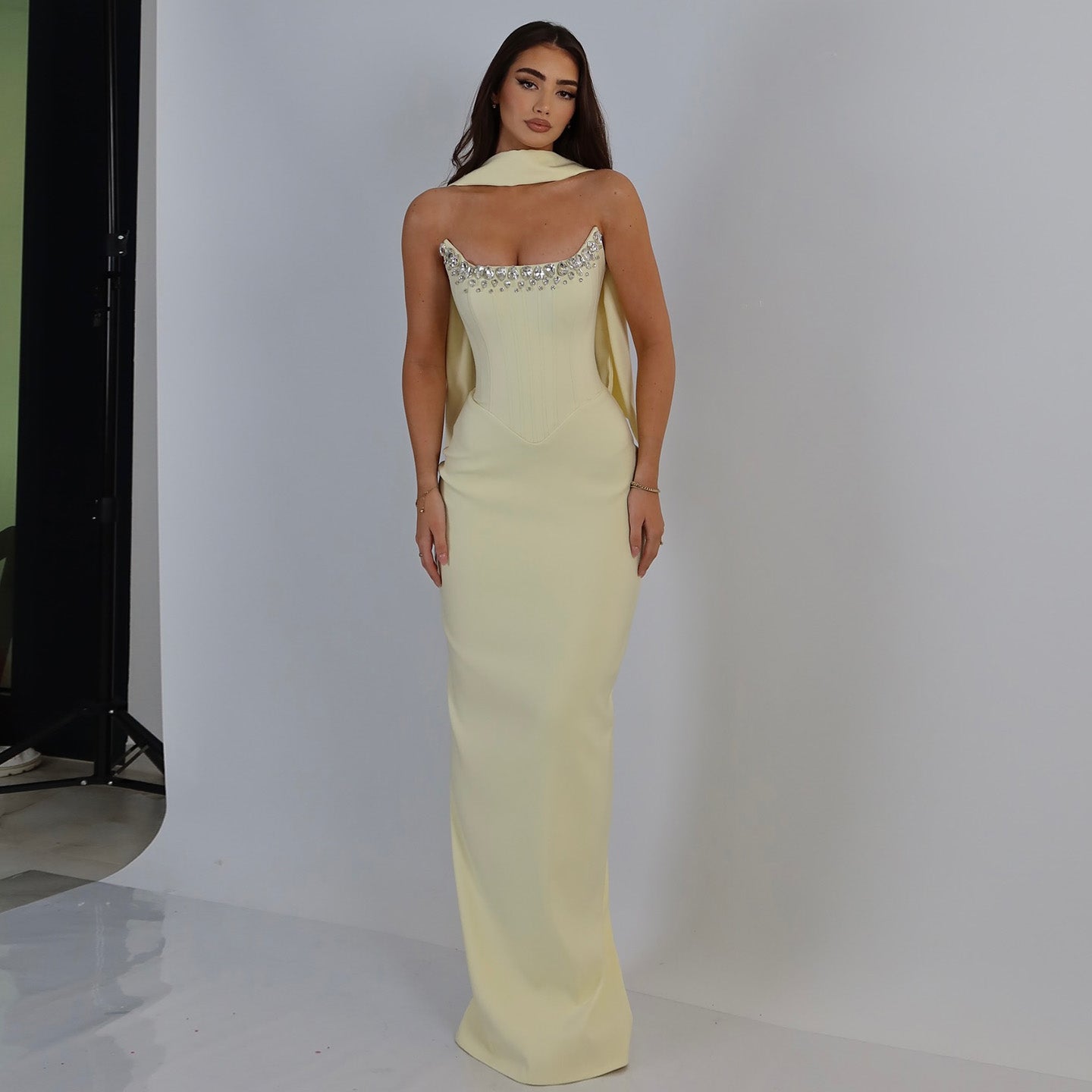 Elegant Light Yellow Beaded Evening Dress with Scarf SF276