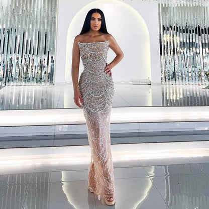 Luxury Pearls Silver Nude Strapless Evening Dress SS681