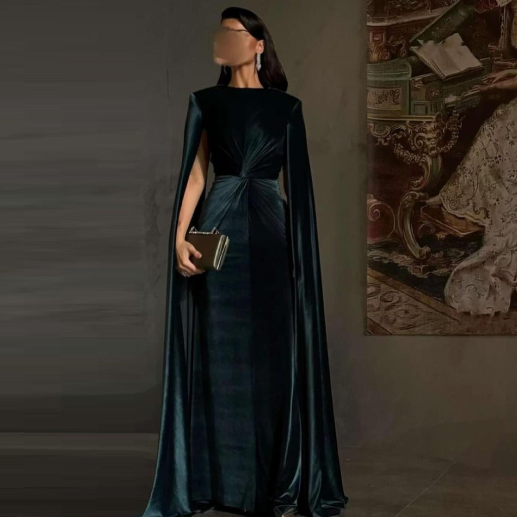 Elegant Dark Blue Velvet Evening Dress with Cape Sleeve SF243