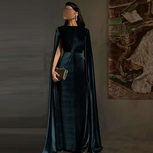Elegant Dark Blue Velvet Evening Dress with Cape Sleeve SF243