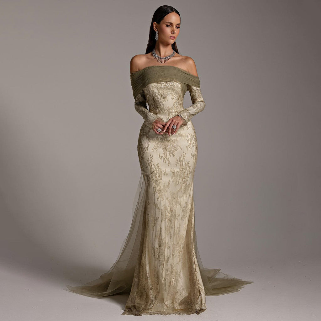 Elegant Green Off Shoulder Lace Evening Dress SF254
