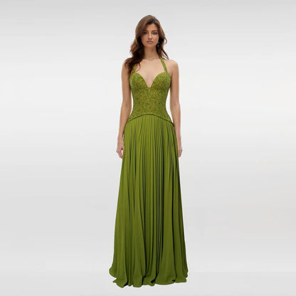 Luxury Green Halter Evening Dress with Lace Corset Bodice SF419
