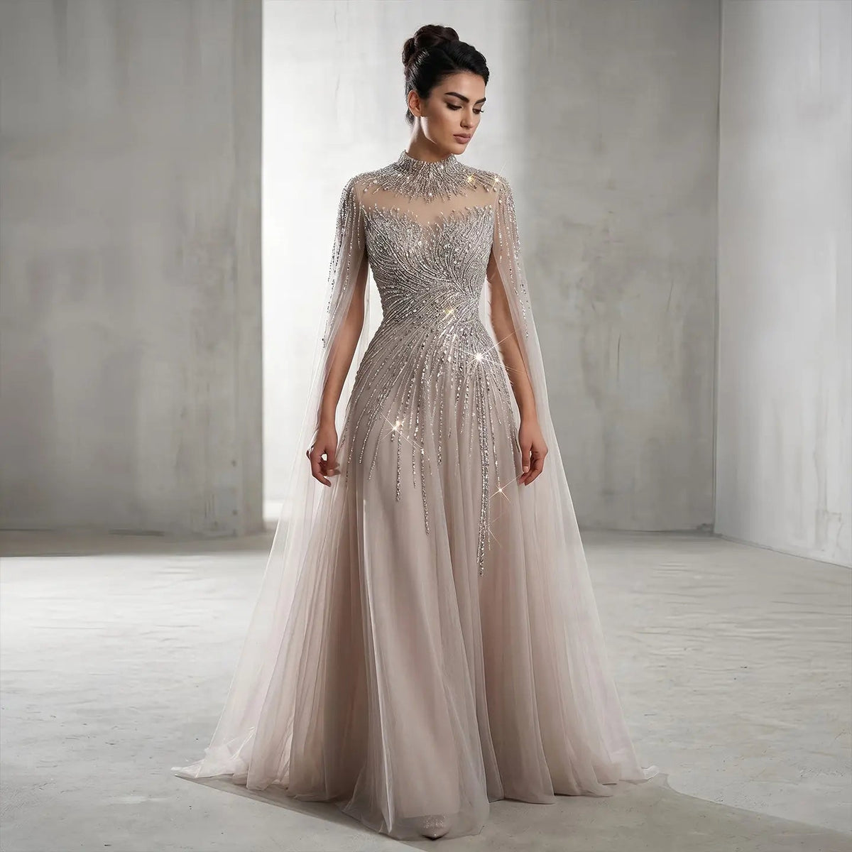 Luxury Blue High Neck Beaded Evening Dress with Cape Sleeve SS134