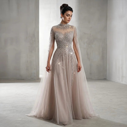 Luxury Blue High Neck Beaded Evening Dress with Cape Sleeve SS134