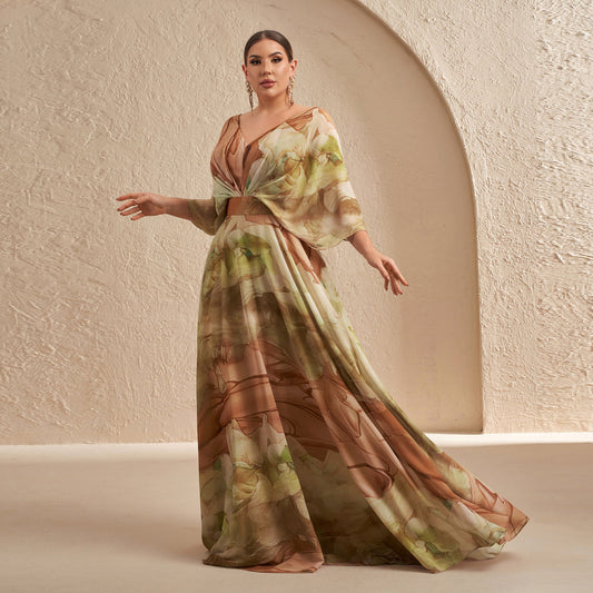 Luxury Multicolored Ruffled Evening Dress with Sheer Sleeves SF629