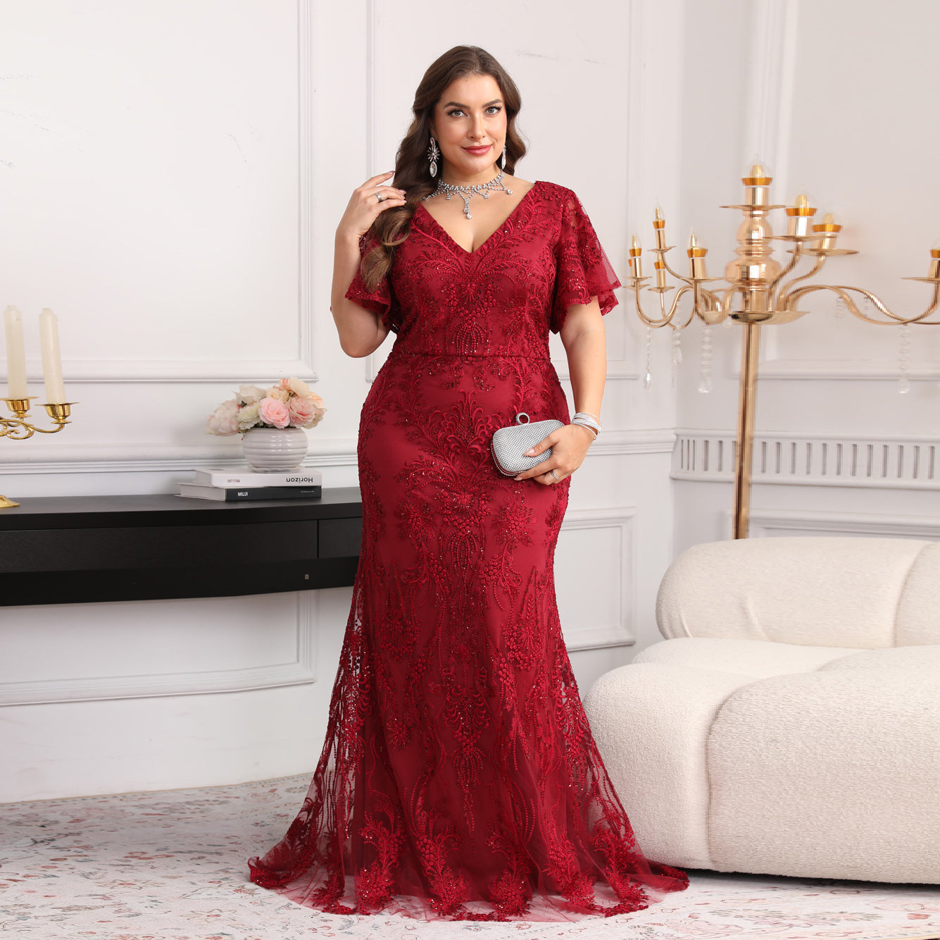 Elegant Wine Red V-Neck Half-Sleeve Evening Dress SF604