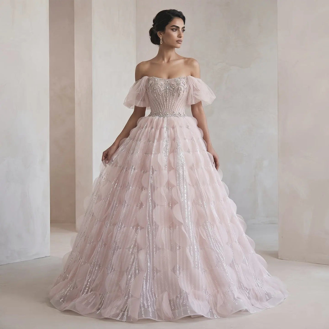 Luxury Crystal Ball Gown Blush Pink Ruffles Evening Dress SS733