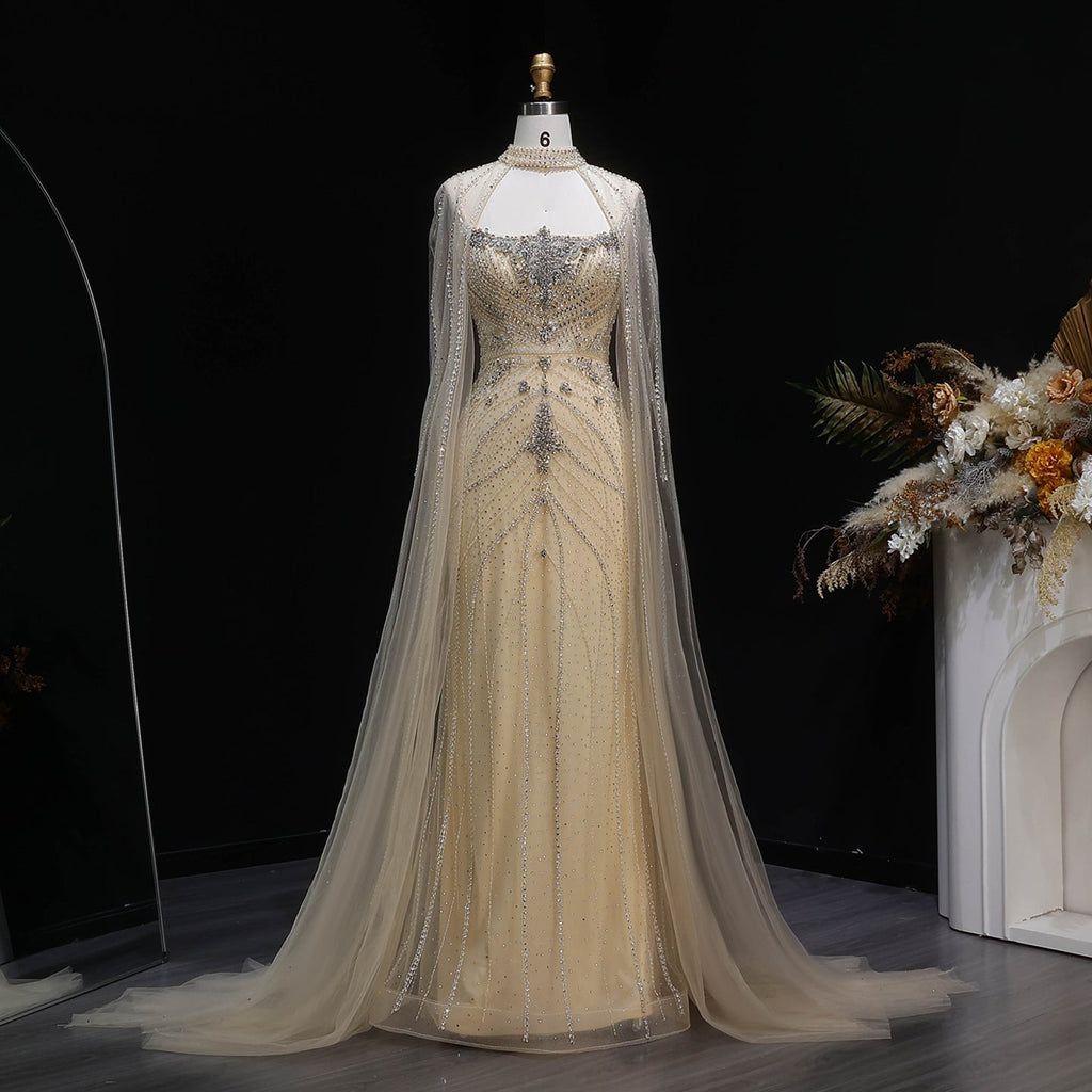 Elegant Champagne Halter Neck Beaded Evening Dress with Cape Sleeve SS131