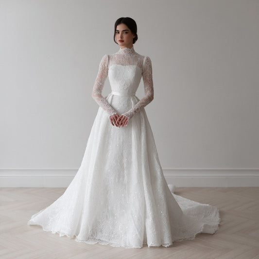 Elegant Printed Sequins A-Line Long Sleeve Wedding Dress SW534