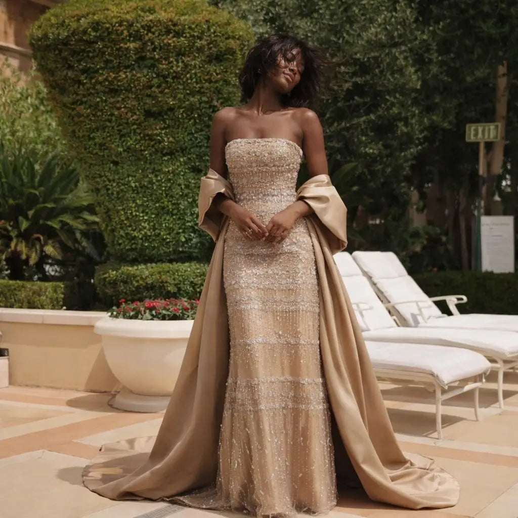 Luxury Sage Green Beaded Evening Dress with Cape SS238