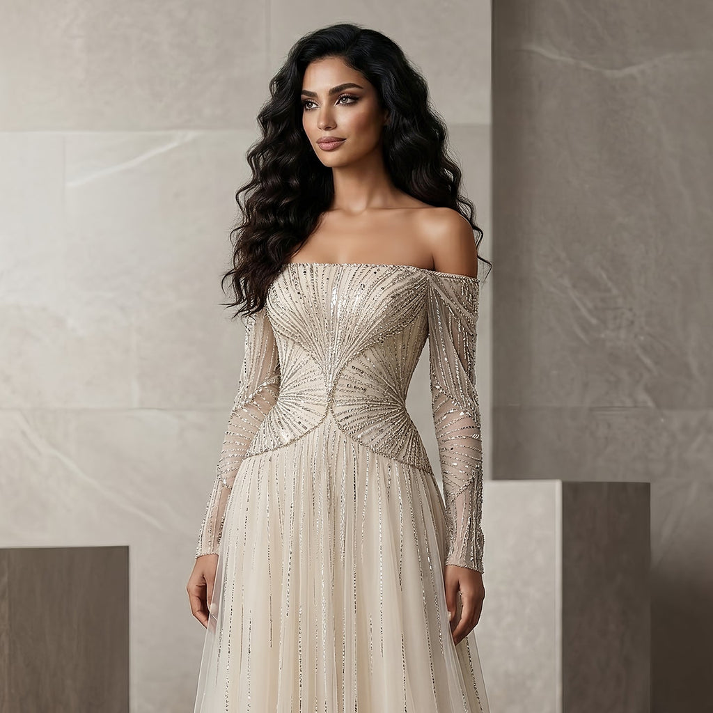 Glamorous Beige Beaded Tulle Long Sleeve Evening Dress SS507