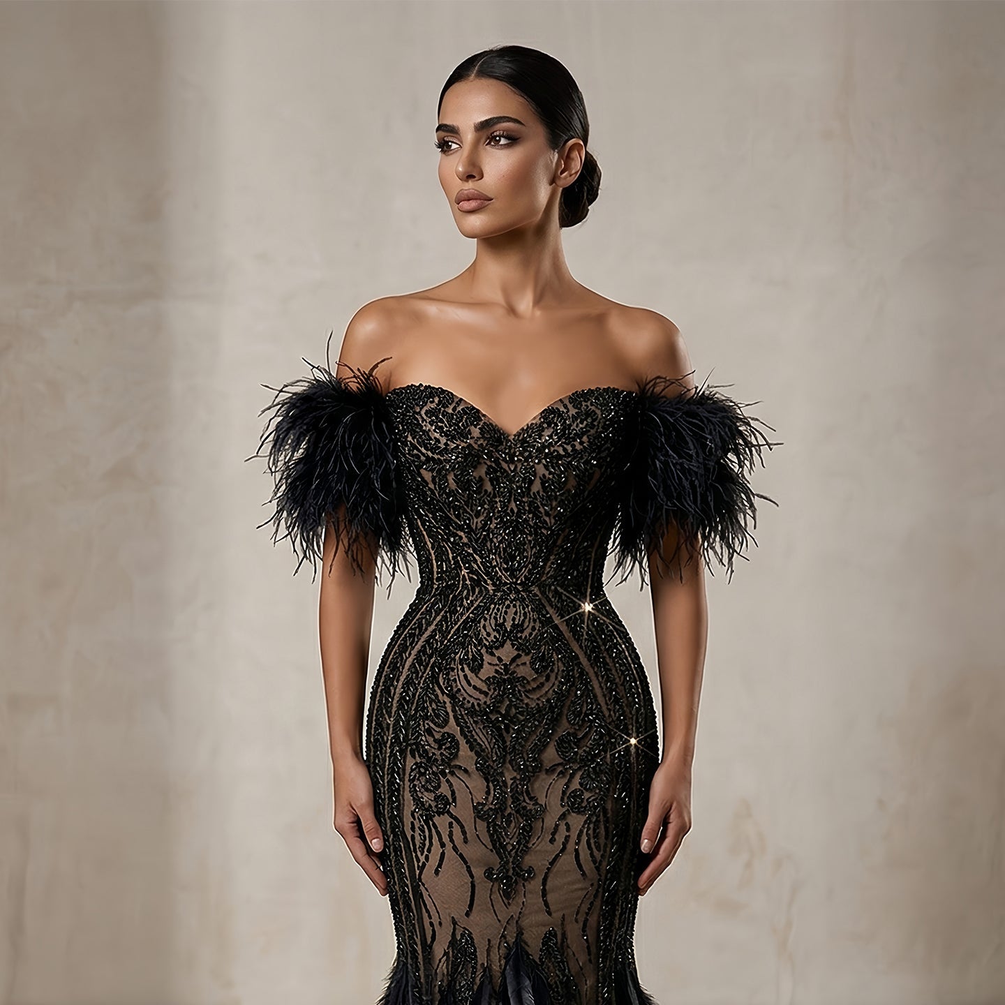 Luxury Black Off-the-Shoulder Beaded Feather Mermaid Evening Dress SS792