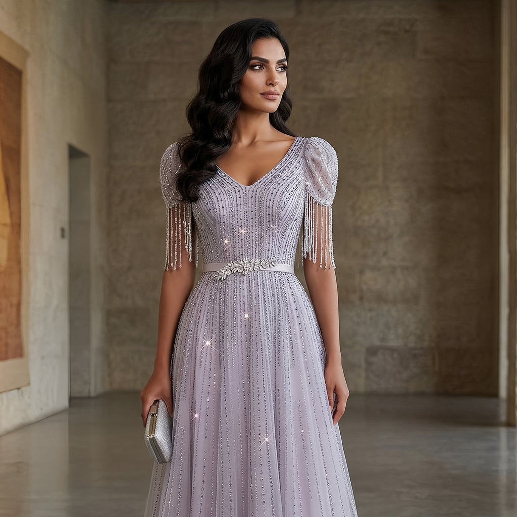 Elegant Lavender Crystal Beaded V-Neck Fringe Sleeve Evening Dress SS199
