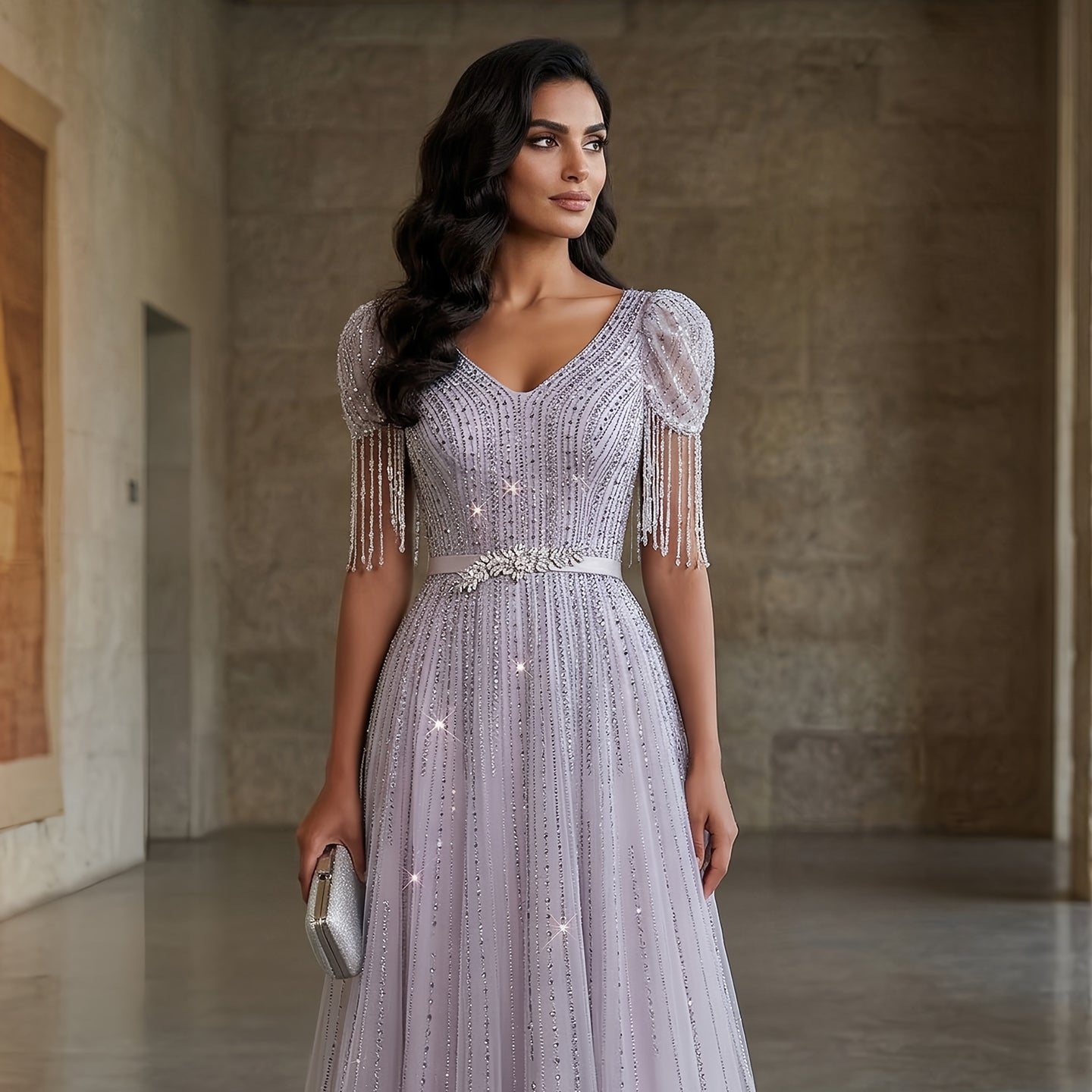 Elegant Lavender Crystal Beaded V-Neck Fringe Sleeve Evening Dress SS199