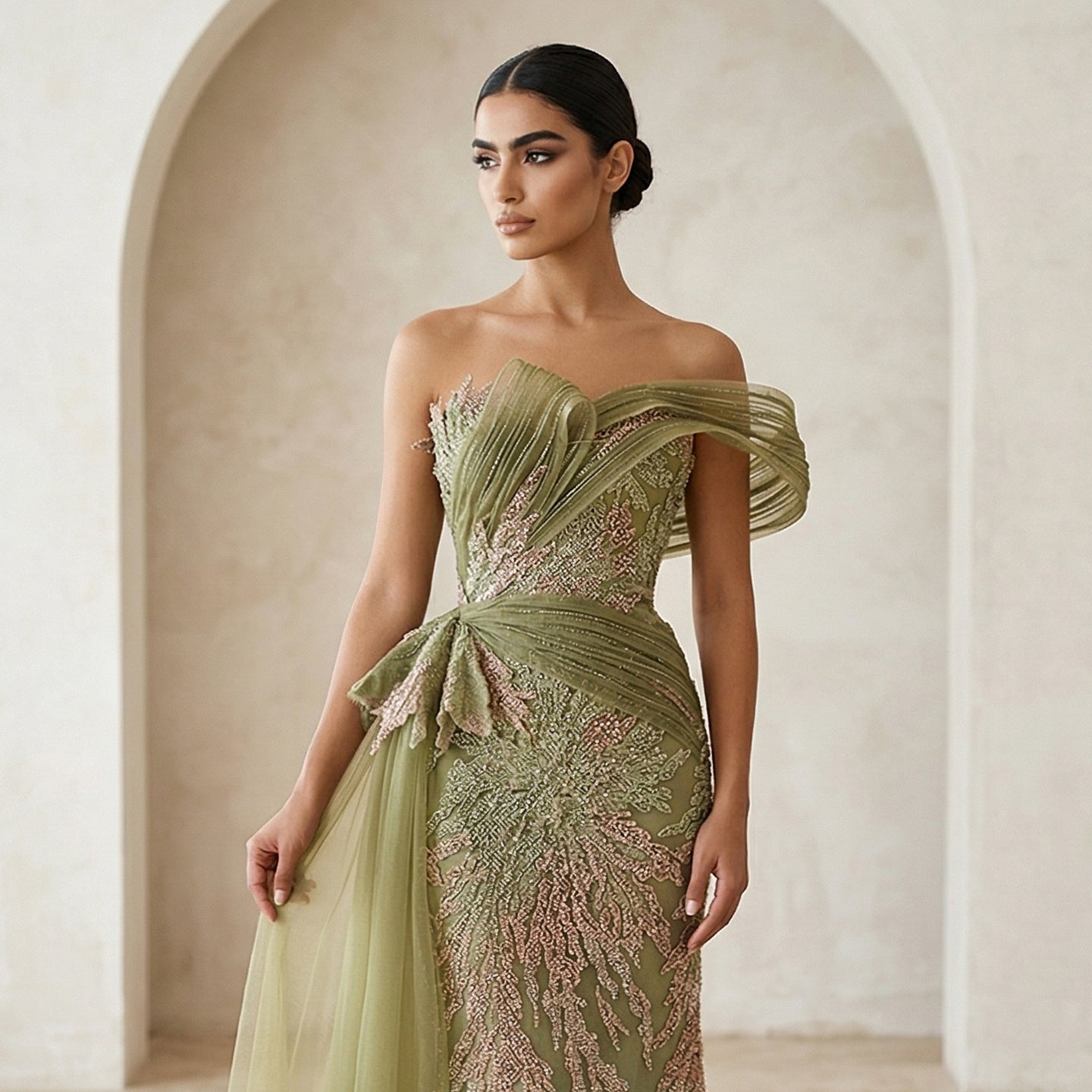 Elegant Gradient Blue Draped Beaded Evening Dress with Overskirt SS293