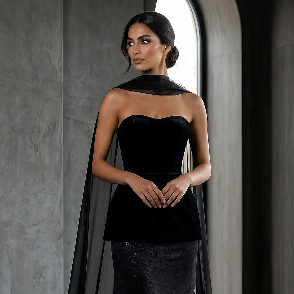 Elegant Black Strapless Velvet Evening Dress with Scarf SF527