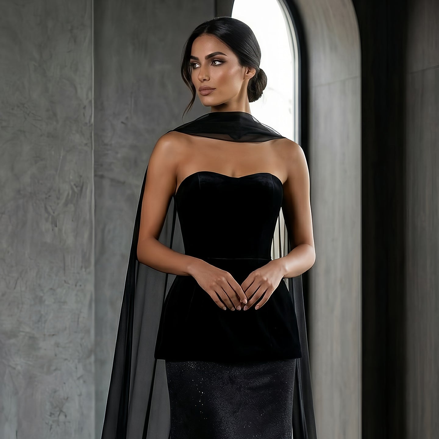 Elegant Black Strapless Velvet Evening Dress with Scarf SF527