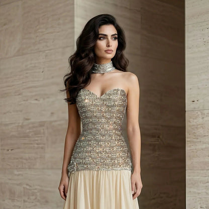 Opulent Gold Strapless Beaded Corset Evening Dress with Choker SS504