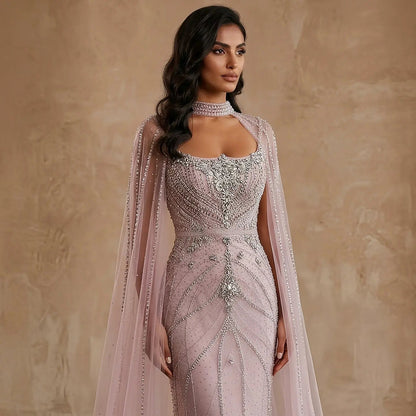 Luxury Champagne Halter Neck Cape Sleeve Beaded Evening Dress SS131