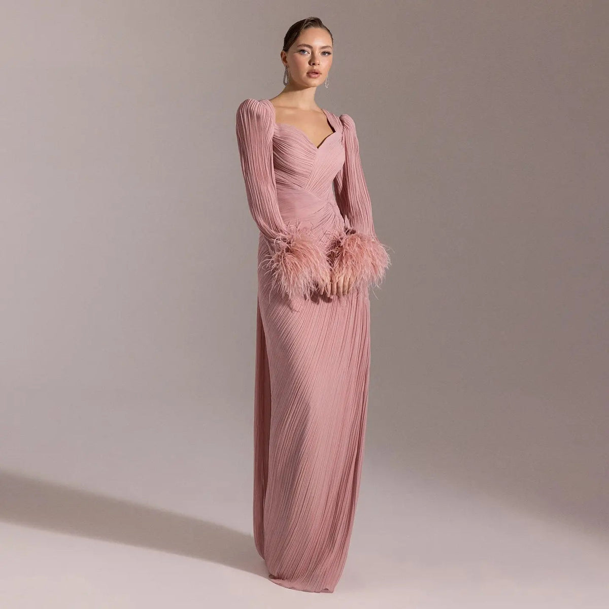 Luxury Feather Fuchsia Long Sleeves Evening Dress with Feathers and Overskirt SF411