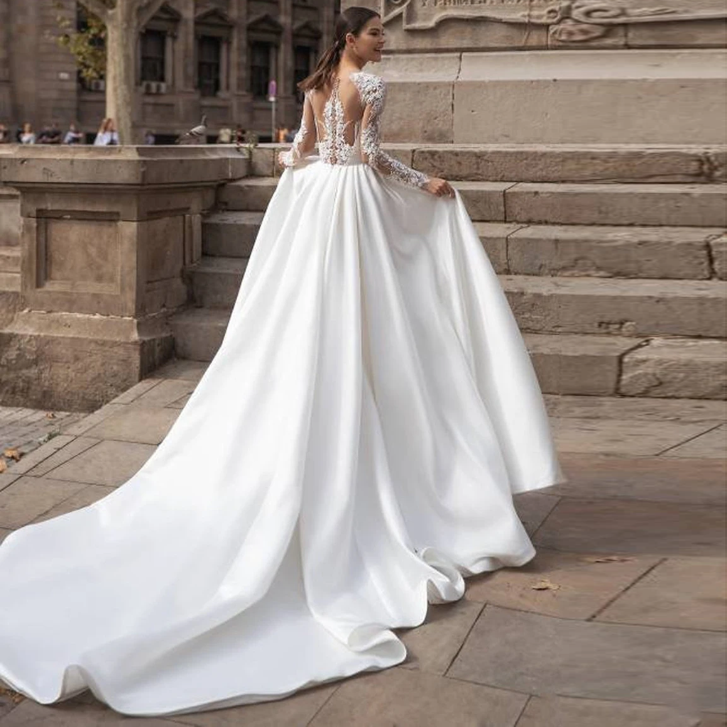 Elegant Embroidery White Long Sleeve A-Line Satin Wedding Dress