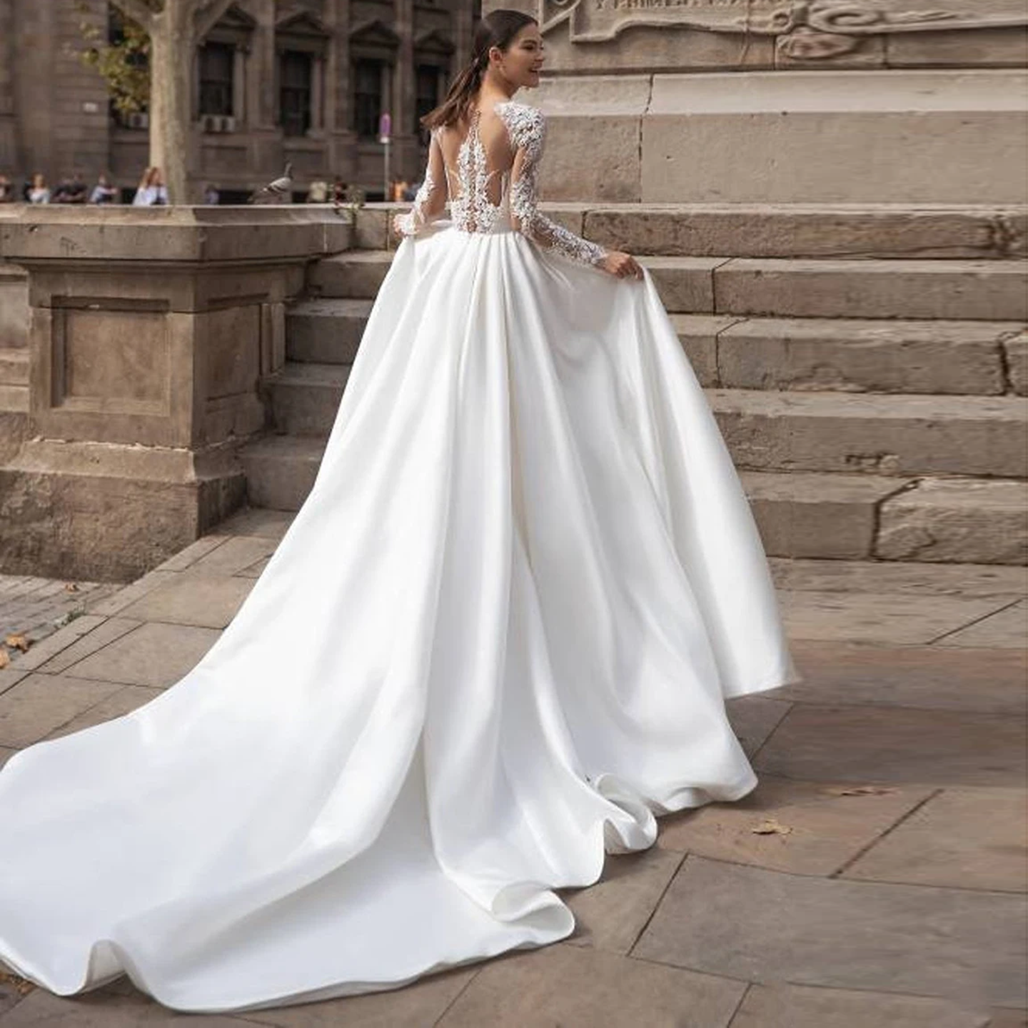 Elegant Embroidery White Long Sleeve A-Line Satin Wedding Dress