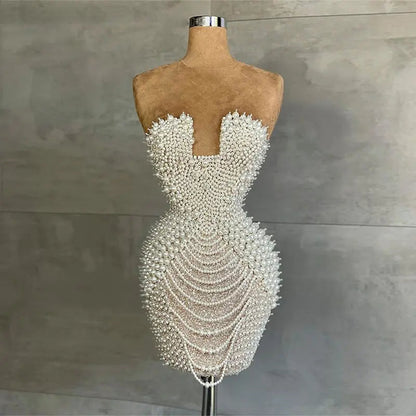 Luxury Pearls Tassels Strapless Cocktail Party Dress RM029