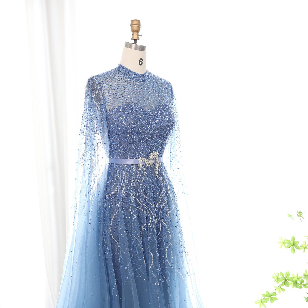 Luxury Blue A-Line Evening Dress with Cape Sleeves SS451