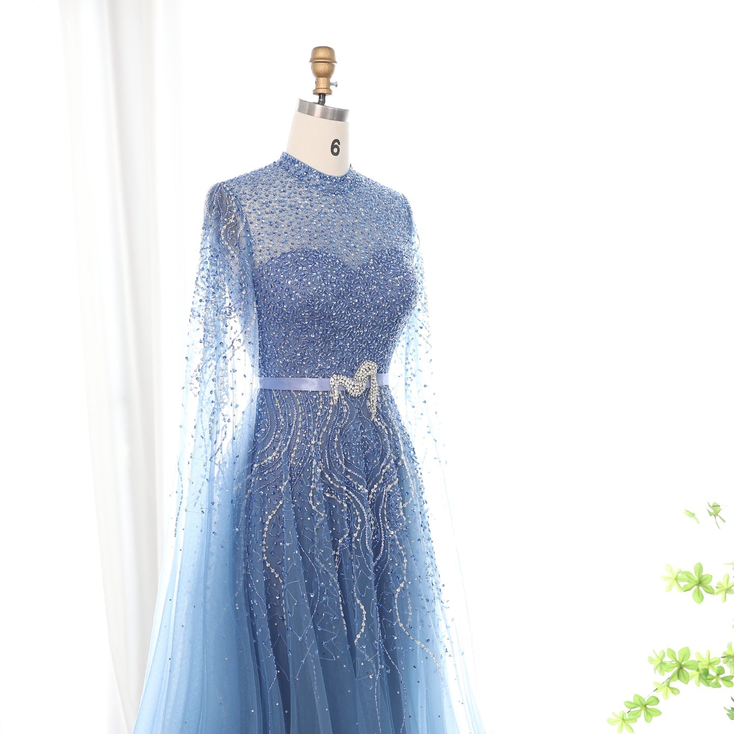 Luxury Blue A-Line Evening Dress with Cape Sleeves SS451