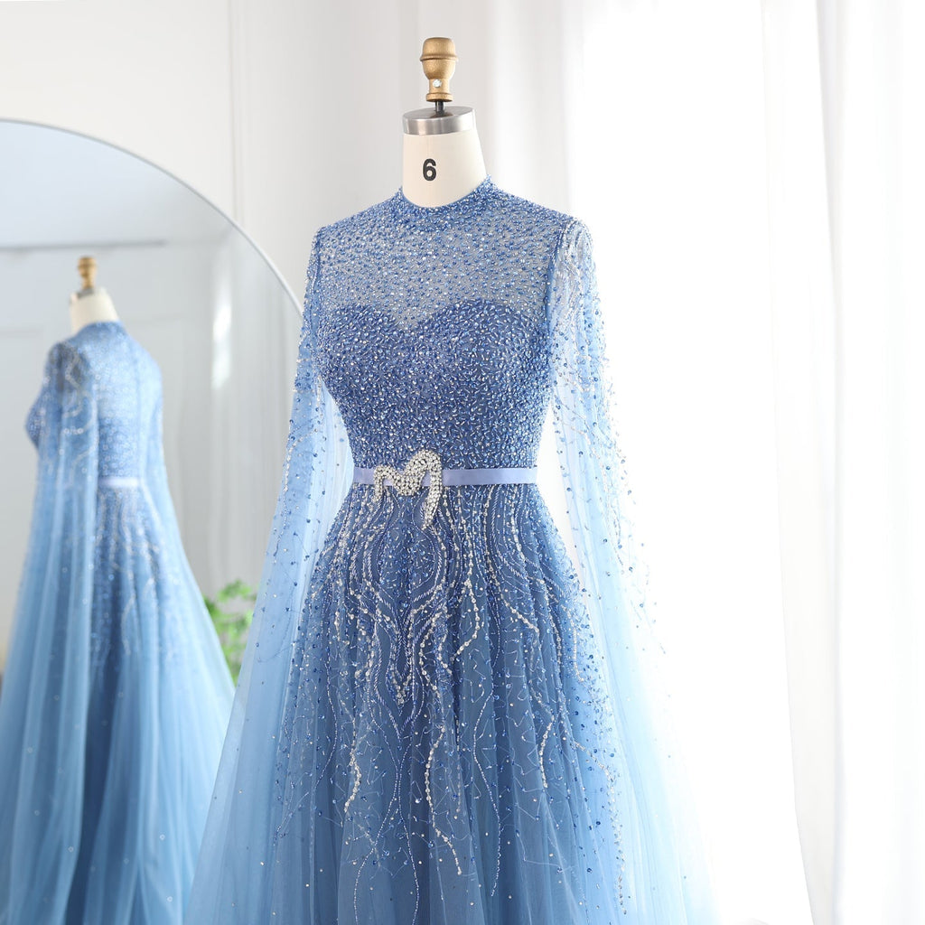 Luxury Blue A-Line Evening Dress with Cape Sleeves SS451