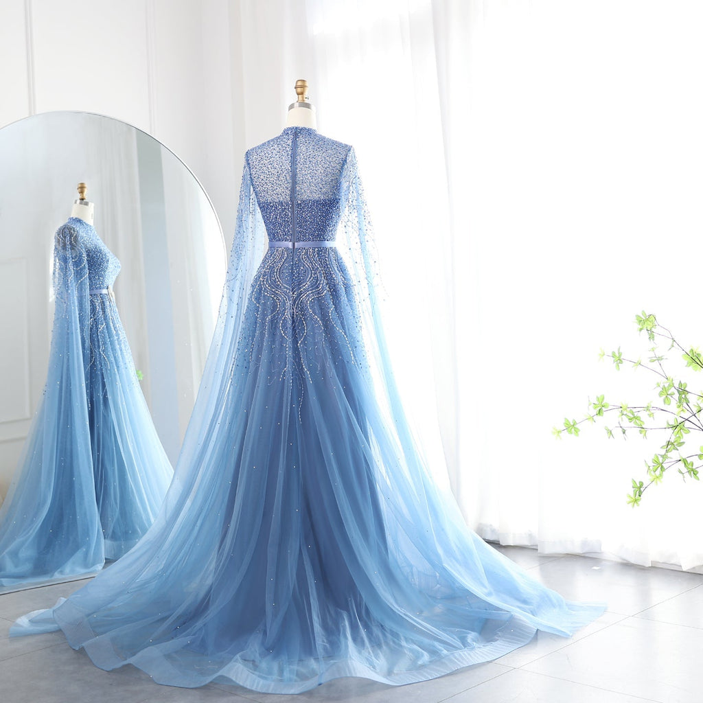 Luxury Blue A-Line Evening Dress with Cape Sleeves SS451