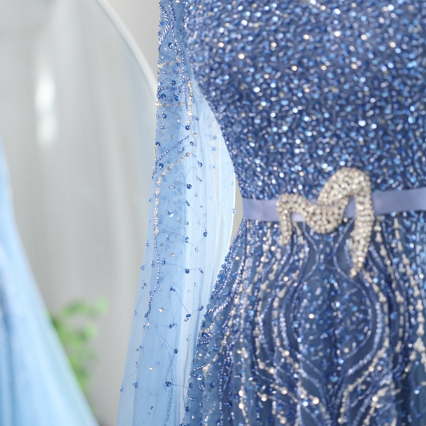 Luxury Blue A-Line Evening Dress with Cape Sleeves SS451