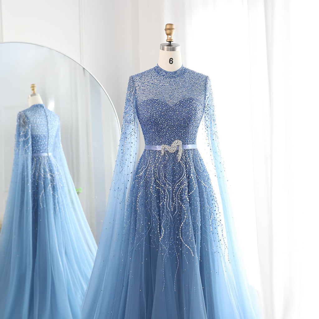 Luxury Blue A-Line Evening Dress with Cape Sleeves SS451