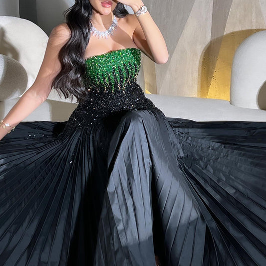 Luxury Beaded Black Strapless Midi Evening Dress SS224