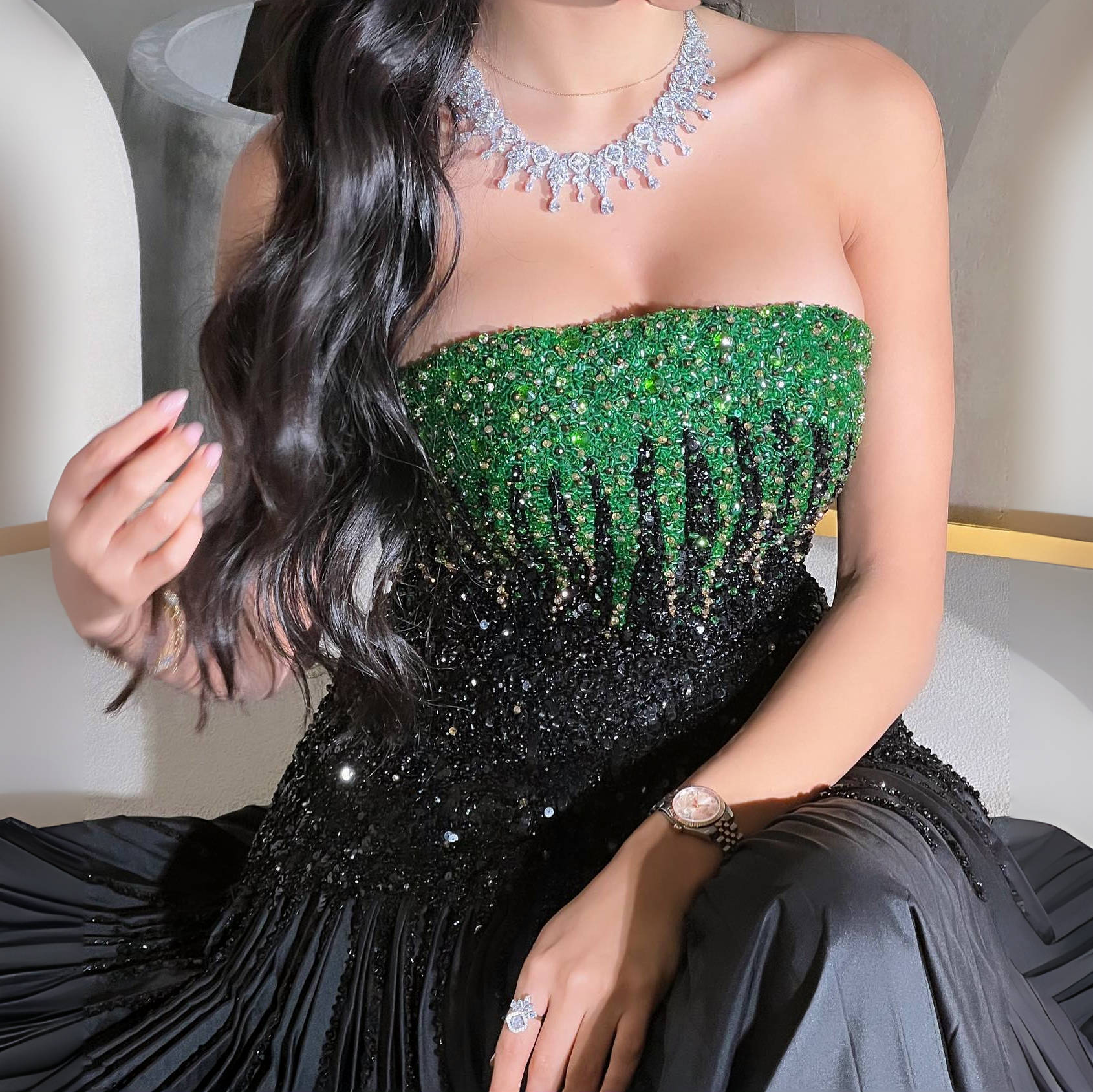 Luxury Beaded Black Strapless Midi Evening Dress SS224