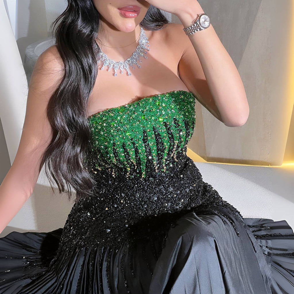 Luxury Beaded Black Strapless Midi Evening Dress SS224