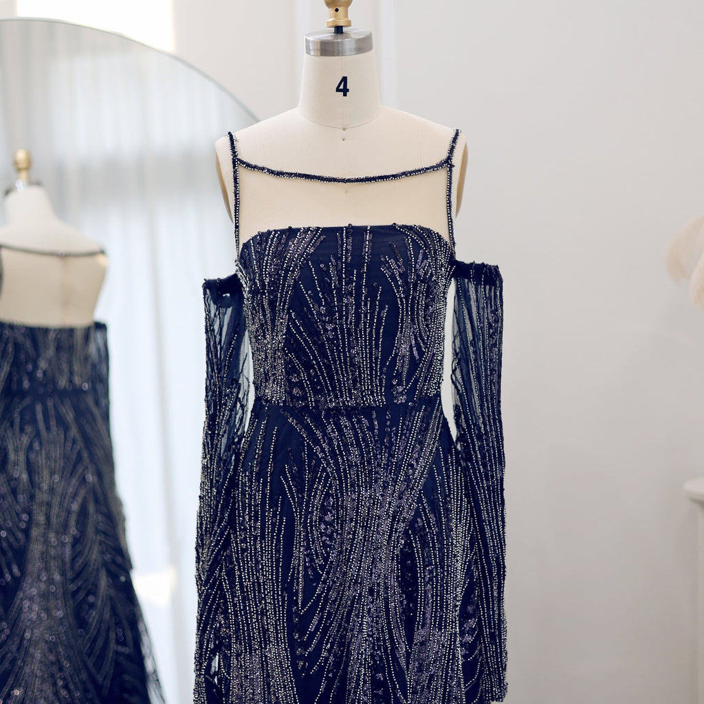 Elegant Beaded Navy Blue Evening Dress with Long Sleeves SS396