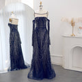 Elegant Beaded Navy Blue Evening Dress with Long Sleeves SS396