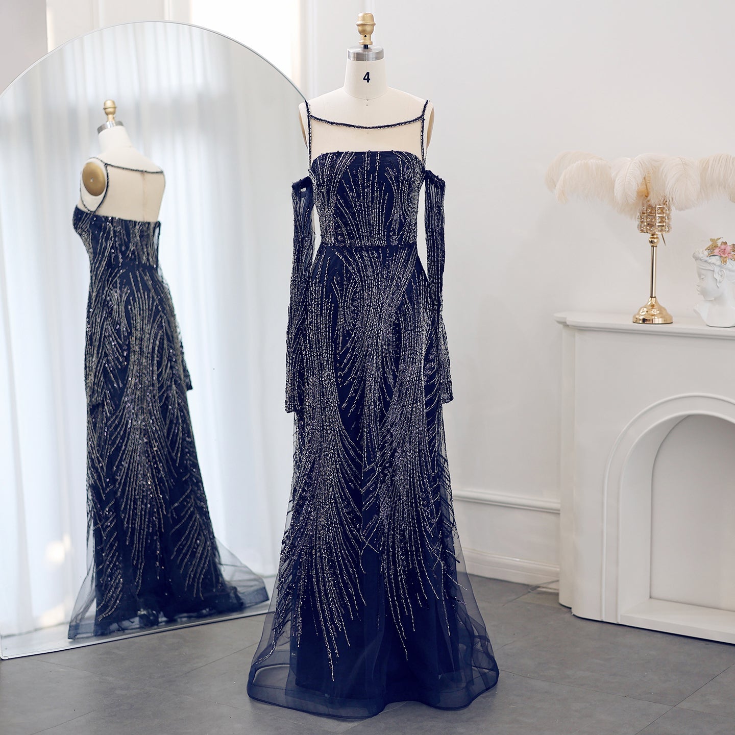 Elegant Beaded Navy Blue Evening Dress with Long Sleeves SS396
